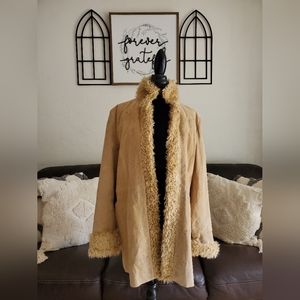 Vintage 90's Y2K Retro Embroidered Leather Coat With Faux Fur Trim Size 1X Retro